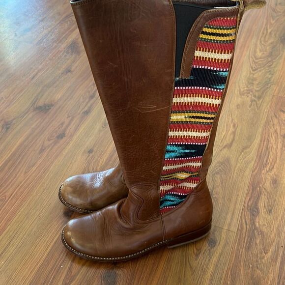 Teysha artisan rugged tan leather boots with embroidered fabric southwestern sty - Picture 2 of 8